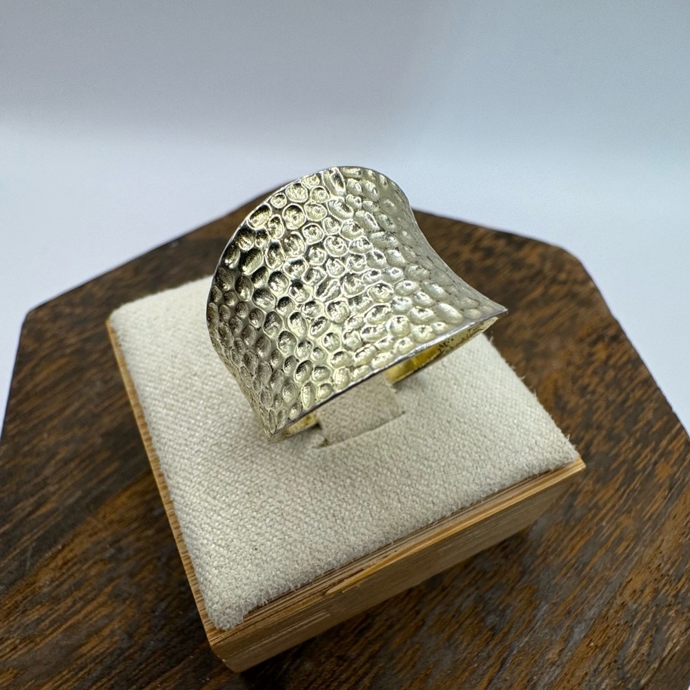 Hammered gold vermeil sterling silver wide band ring modernist sz 7